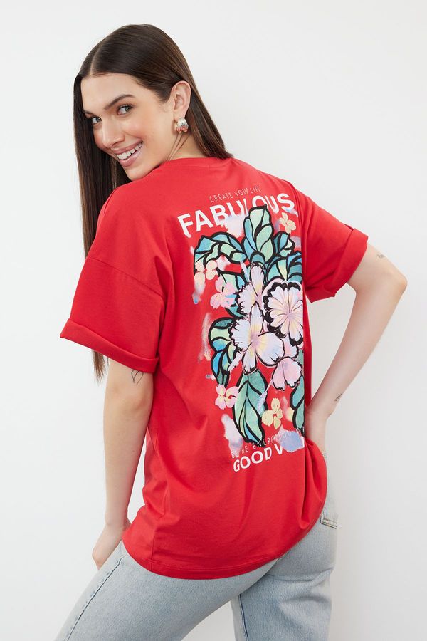 Trendyol Trendyol Red 100% Cotton Back and Front Printed Oversize/Wide Cut Knitted T-Shirt