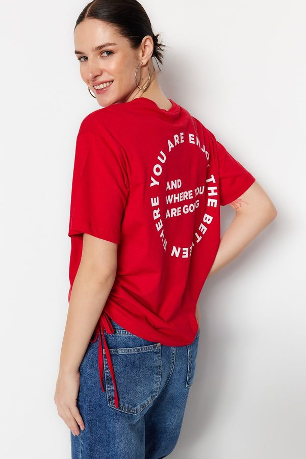 Trendyol Trendyol Red 100% Cotton Back Printed Gather Detailed Boyfriend Fit Crew Neck T-Shirt