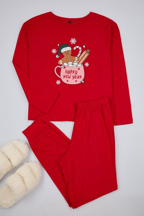 Trendyol Trendyol Red 100% Cotton Christmas Themed Knitted Pajama Set