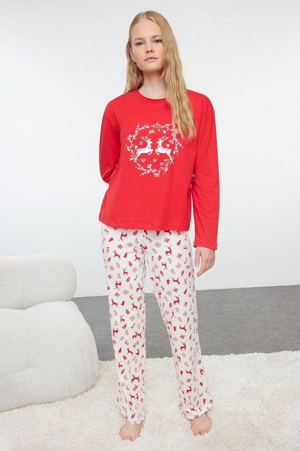 Trendyol Trendyol Red 100% Cotton Christmas Themed Knitted Pajama Set