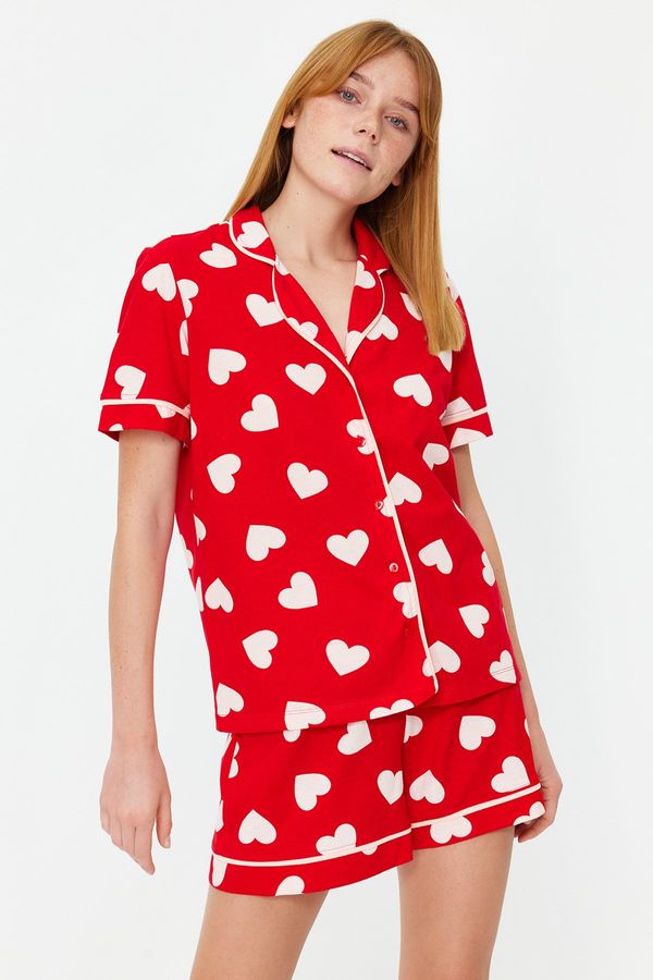 Trendyol Trendyol Red 100% Cotton Heart Patterned Piping Detailed Shirt-Shorts Knitted Pajama Set