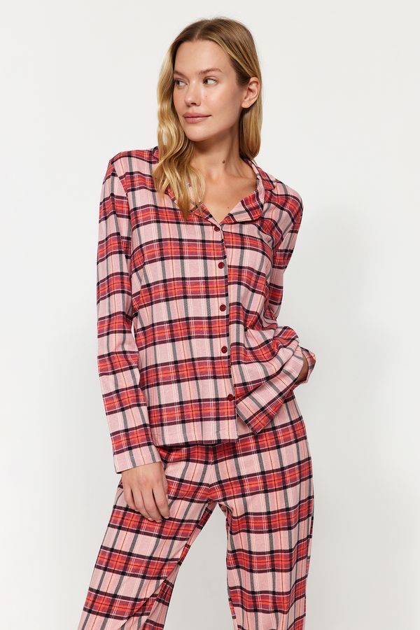 Trendyol Trendyol Red 100% Cotton Plaid/Checked Shirt-Pants Knitted Pajama Set