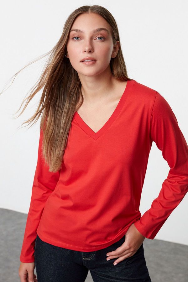 Trendyol Trendyol Red 100% Cotton Regular/Normal Fit Basic V-Neck Long Sleeve Knitted T-Shirt