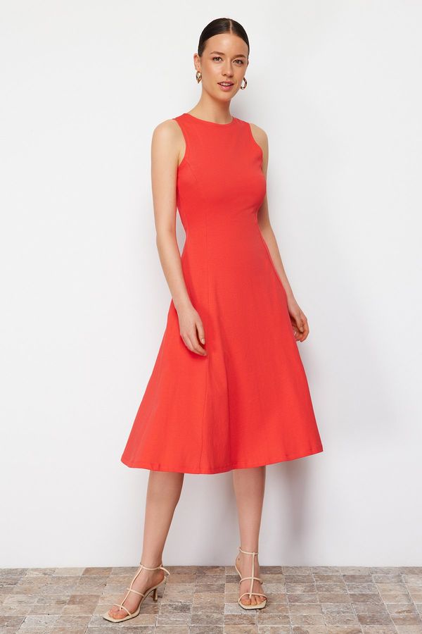 Trendyol Trendyol Red 100% Cotton Skater/Waisted Crew Neck Sleeveless Midi Knitted Dress