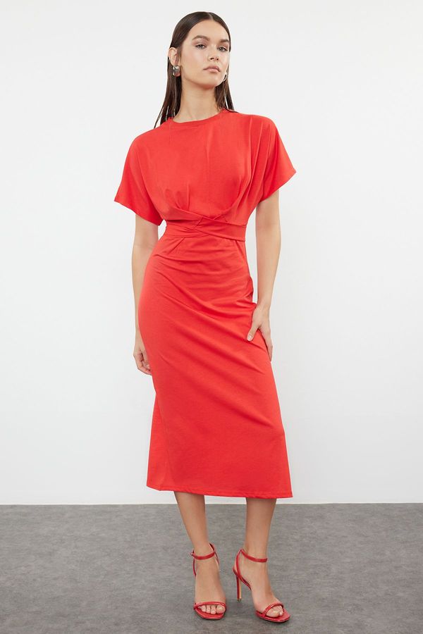 Trendyol Trendyol Red 100% Cotton Waist Slit and Tie Detailed Midi Knitted Pencil Dress