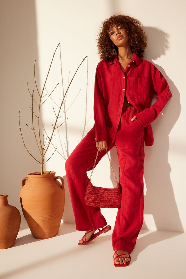 Trendyol Trendyol Red 100% Linen Oversize Shirt