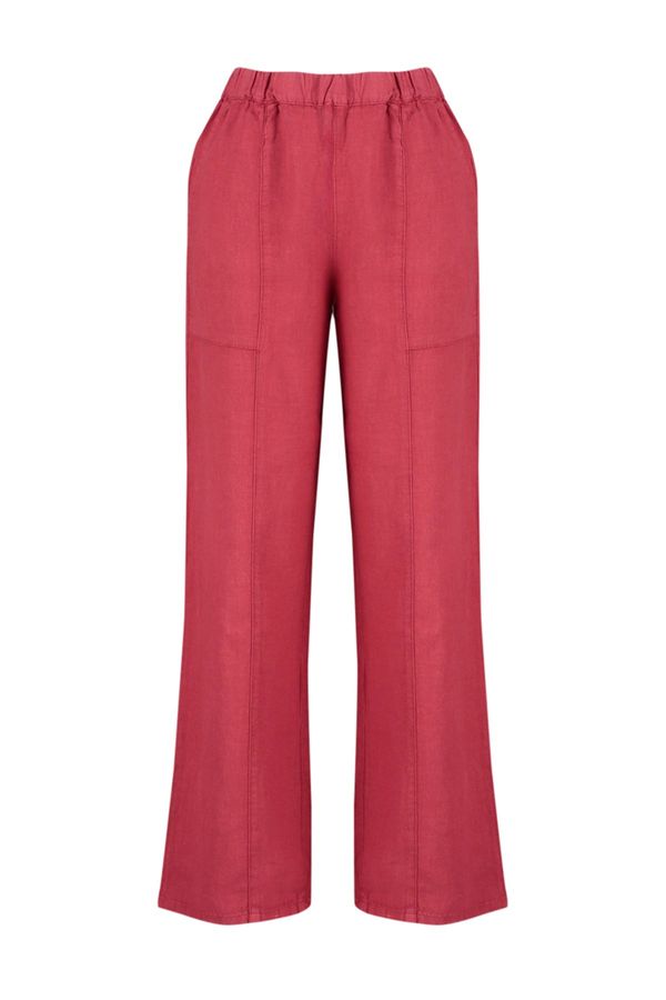 Trendyol Trendyol Red 100% Linen Pocket Detailed High Waist Wide Leg Trousers