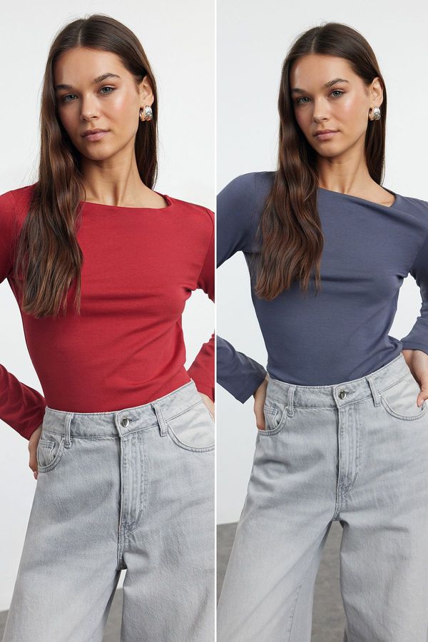 Trendyol Trendyol Red-Anthracite Double Pack Boat Neck Fitted/Body-Smoothing Knitted Blouse