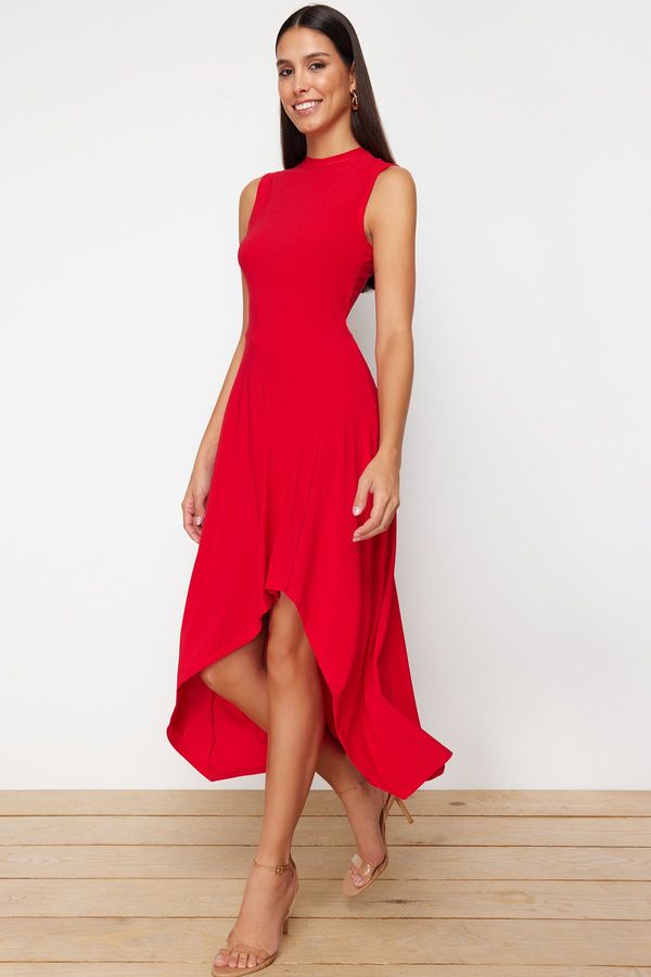 Trendyol Trendyol Red Asymmetric High Neck Zero Sleeve Flexible Knitted Midi Dress