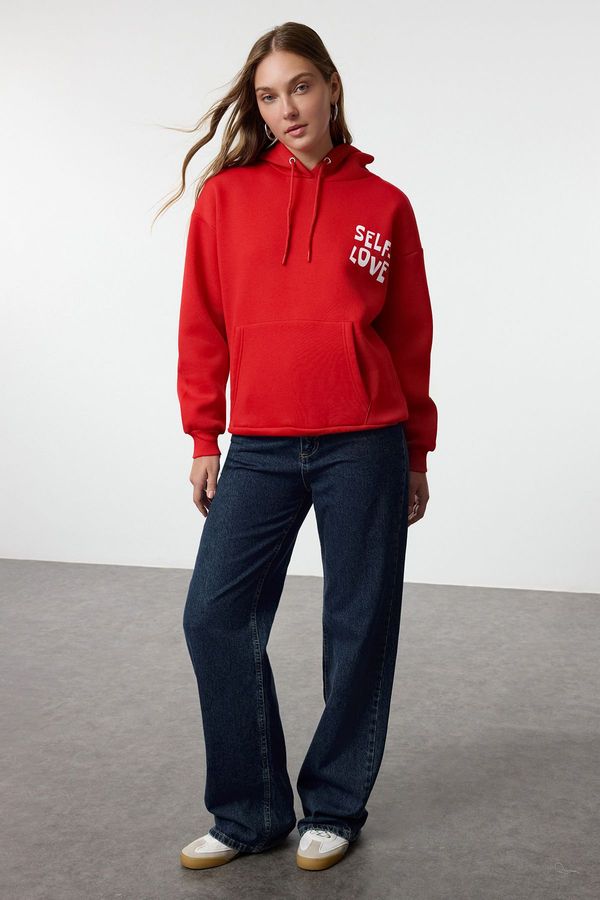 Trendyol Trendyol Red Back Print Detailed Oversize/Wide Fit Thick Inside Fleece Knitted Sweatshirt