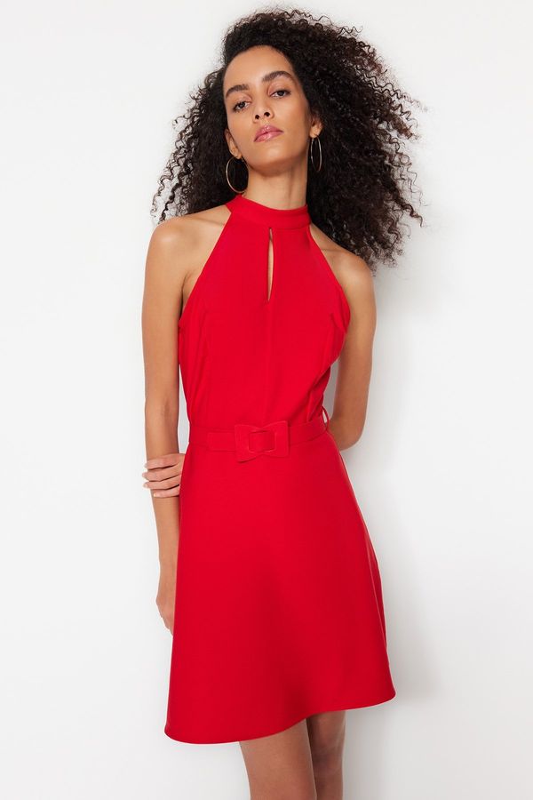 Trendyol Trendyol Red Belted A-Cut Mini Woven High Collar Woven Dress