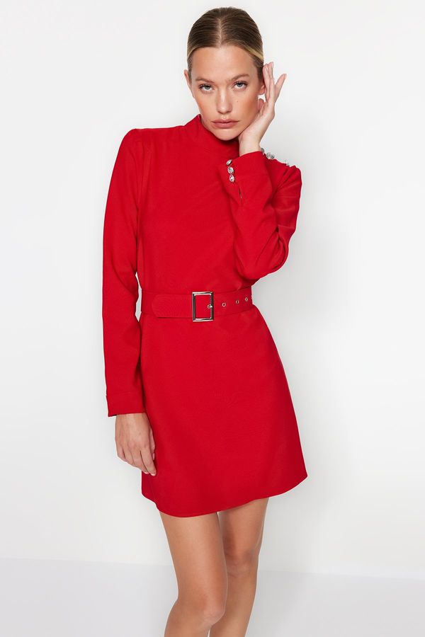 Trendyol Trendyol Red Belted A-Line Button Detailed Woven Dress