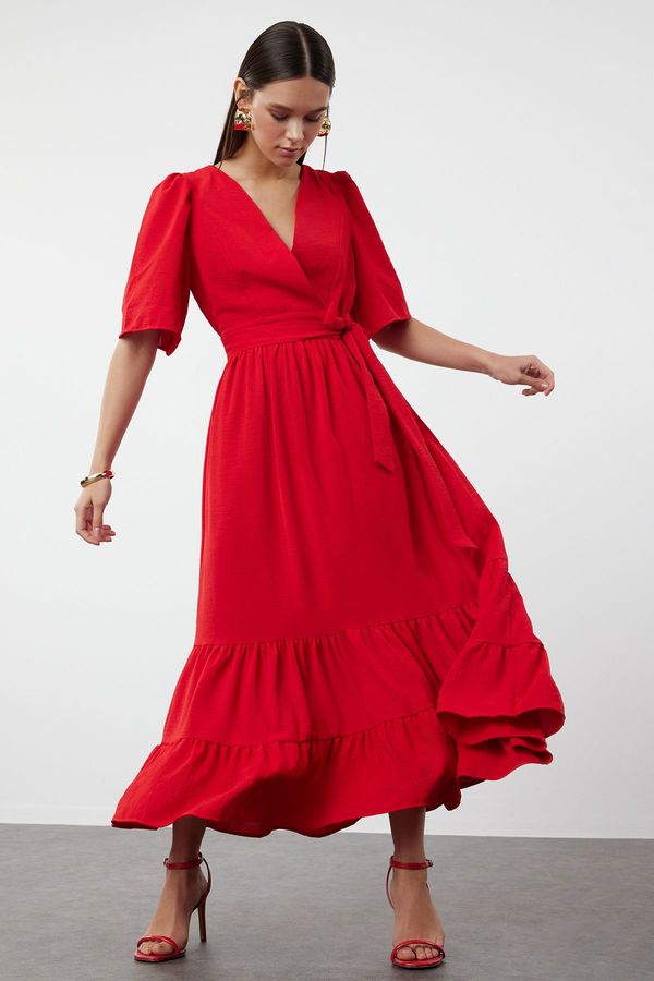 Trendyol Trendyol Red Belted A-Line Double Breasted Collar Back Detailed Midi Woven Dress