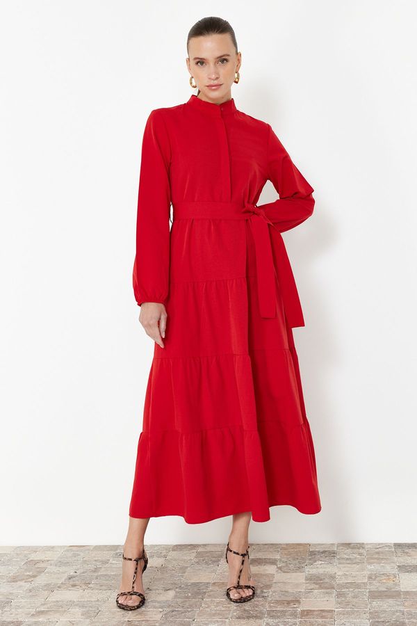 Trendyol Trendyol Red Belted Magnificent Collar Button Detailed Woven Dress