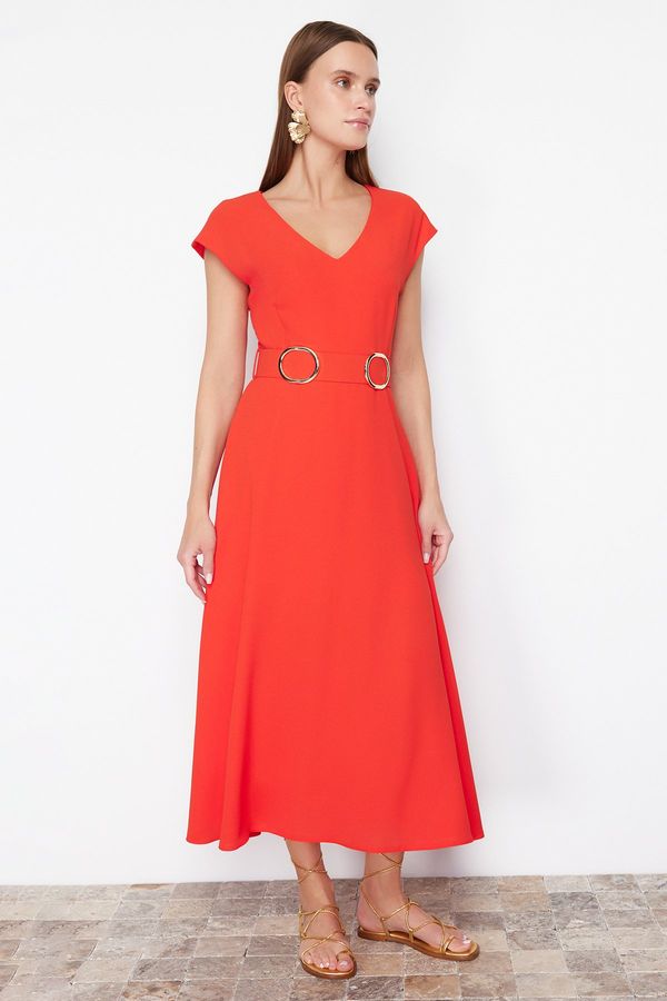Trendyol Trendyol Red Belted Midi Crepe Woven Dress with Skirt Opening at the Waist