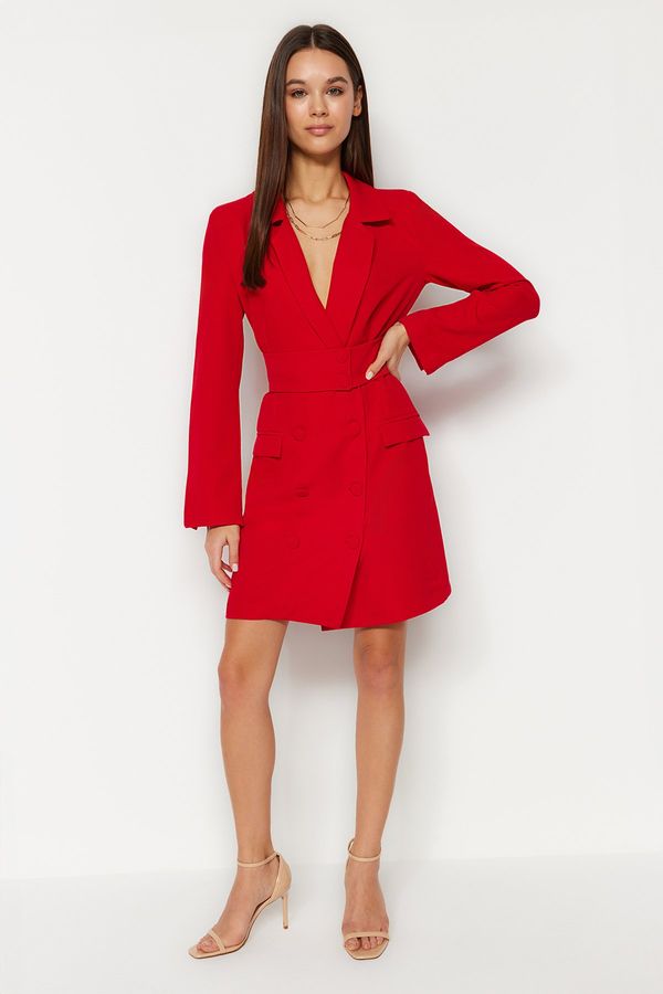 Trendyol Trendyol Red Belted Mini Button Detailed Jacket Woven Dress