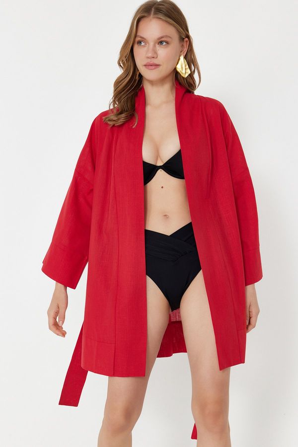 Trendyol Trendyol Red Belted Mini Woven 100% Cotton Kimono&Kaftan