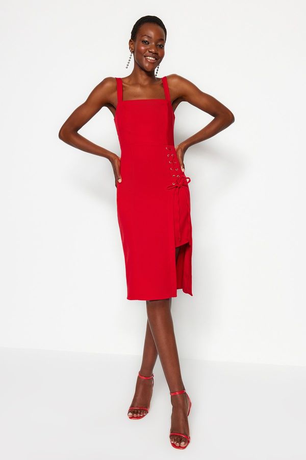 Trendyol Trendyol Red Body-hugging Eyelet Detailed Slit Square Neck Midi Pencil Skirt Woven Dress