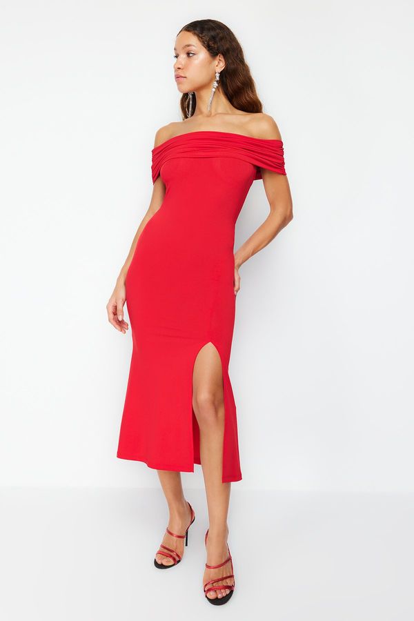 Trendyol Trendyol Red Body-Sitting Knitted Elegant Evening Dress