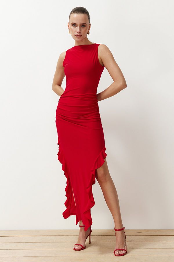 Trendyol Trendyol Red Bodycone Slit Ruffle Detailed Flexible Thick Sandy Maxi Pencil Dress
