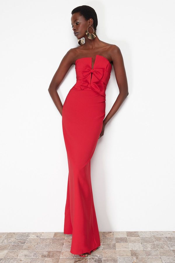 Trendyol Trendyol Red Bow Detailed Woven Long Elegant Evening Dress