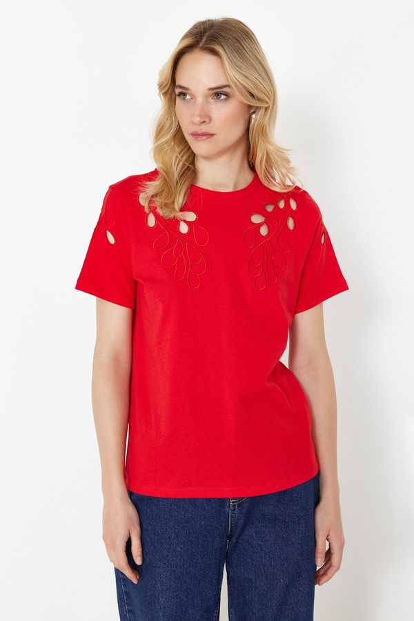 Trendyol Trendyol Red Brode Embroidered Basic/Regular Pattern Knitted T-Shirt