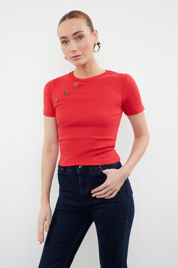 Trendyol Trendyol Red Button Detailed Ribbed Fitted/Closing Stretchy Knitted Blouse