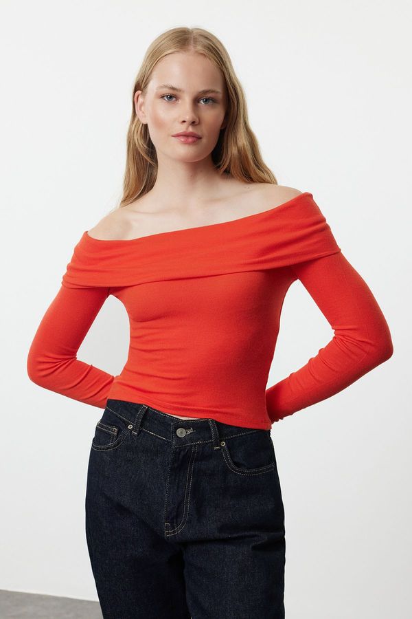 Trendyol Trendyol Red Carmen Collar Crop/Short Stretchy Knitted Blouse