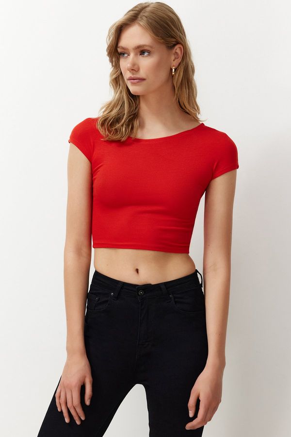 Trendyol Trendyol Red Crew Neck Moon Sleeve Crop Knitted Blouse