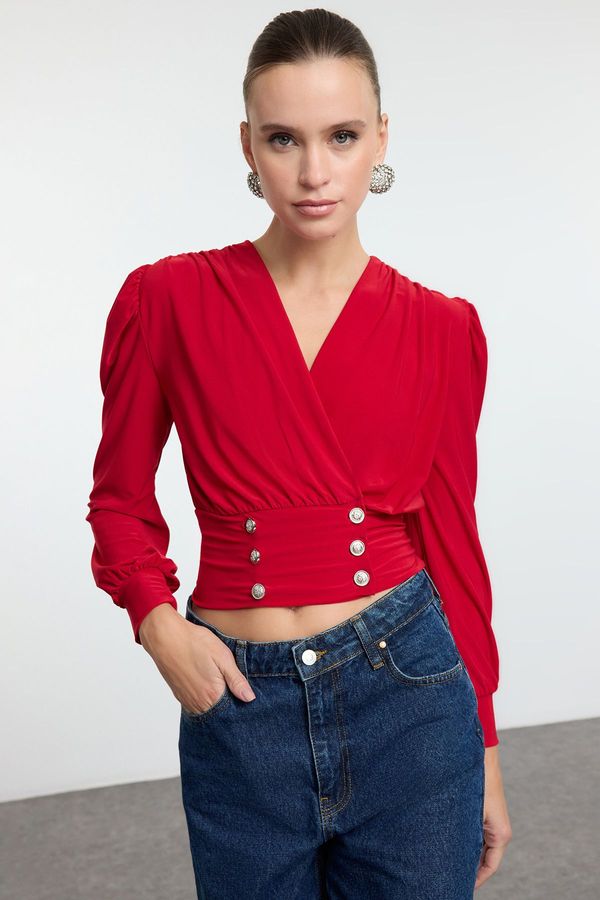 Trendyol Trendyol Red Crop Button Detailed Knitted Blouse