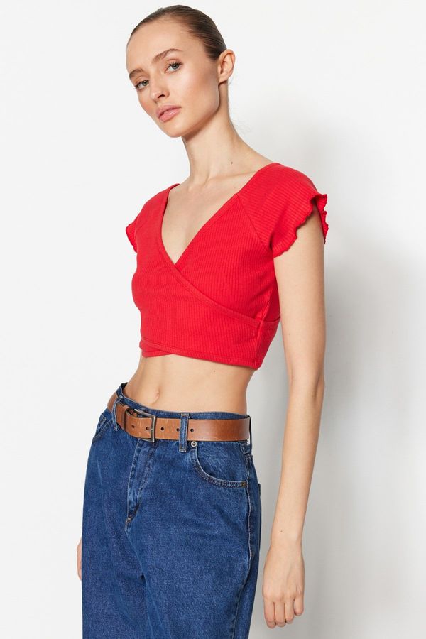 Trendyol Trendyol Red Crop Corduroy Knitted Cotton Shirt, Double Breasted, Double Breasted