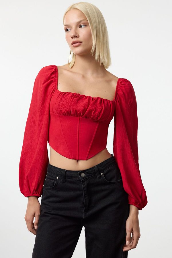 Trendyol Trendyol Red Crop Corset Detailed Woven Blouse