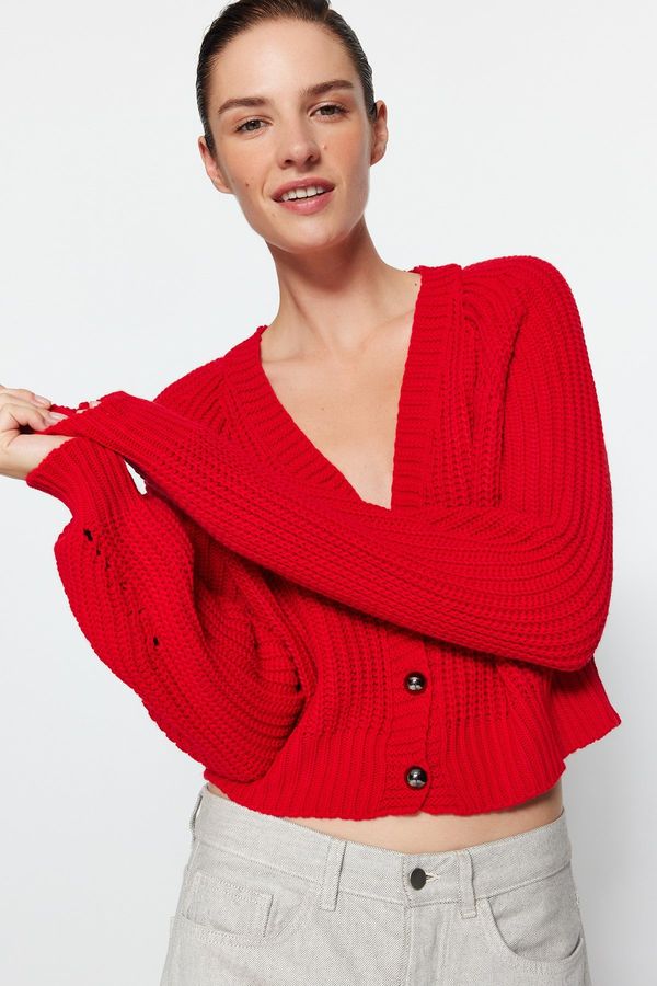 Trendyol Trendyol Red Crop V Neck Knitwear Cardigan