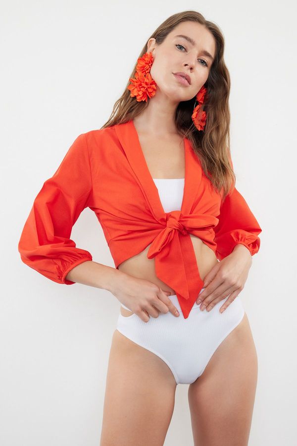 Trendyol Trendyol Red Crop Woven Tie-Up Blouse