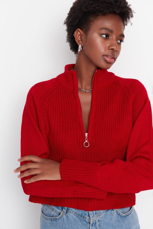 Trendyol Trendyol Red Crop Zippered Stand Collar Basic Knitwear Sweater