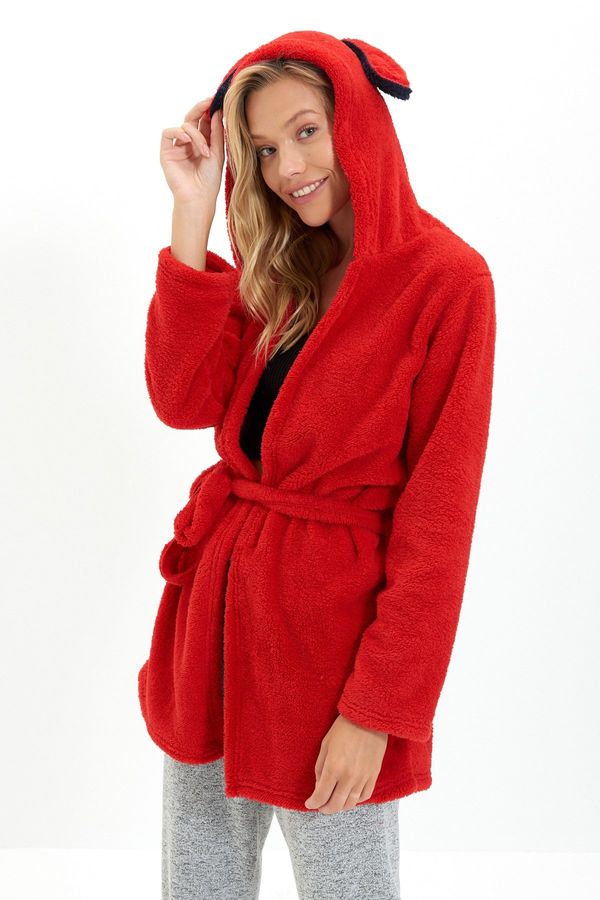 Trendyol Trendyol Red Ear Detailed Plush Knitted Dressing Gown