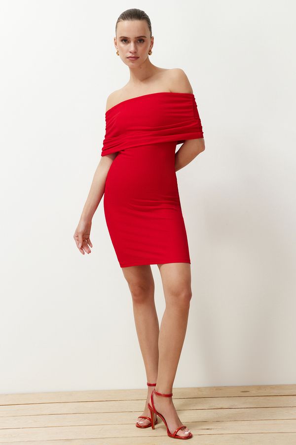 Trendyol Trendyol Red Fitted Carmen Neckline Ruffle/Textured Knitted Mini Pencil Stretch Dress