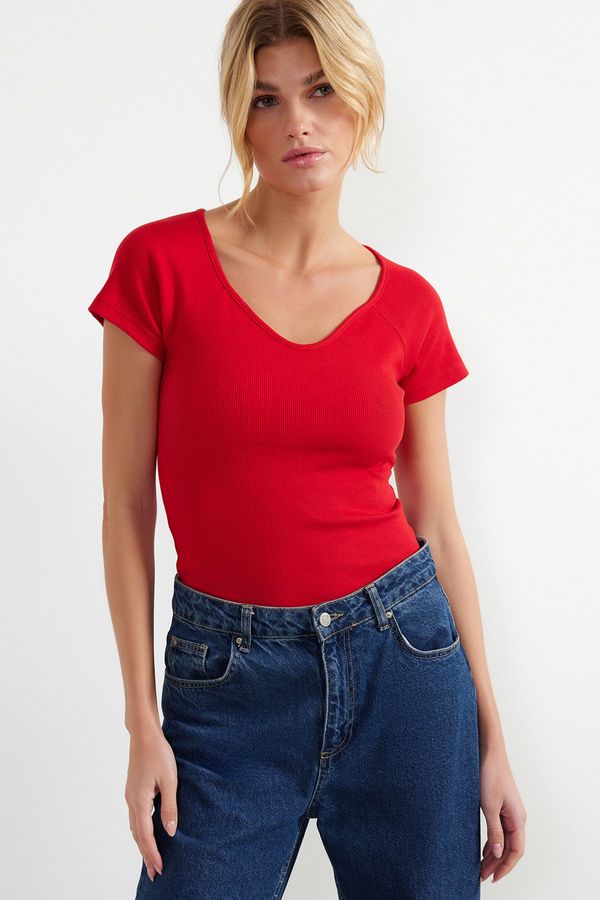 Trendyol Trendyol Red Fitted Cotton Stretch Knitted Blouse