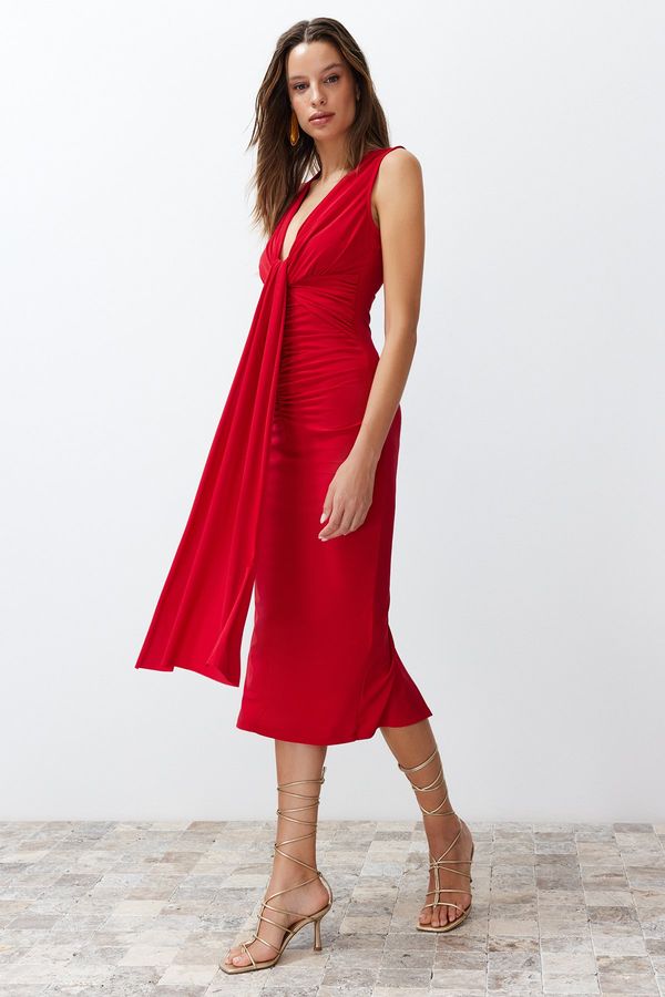 Trendyol Trendyol Red Fitted Draped Knitted Elegant Evening Dress