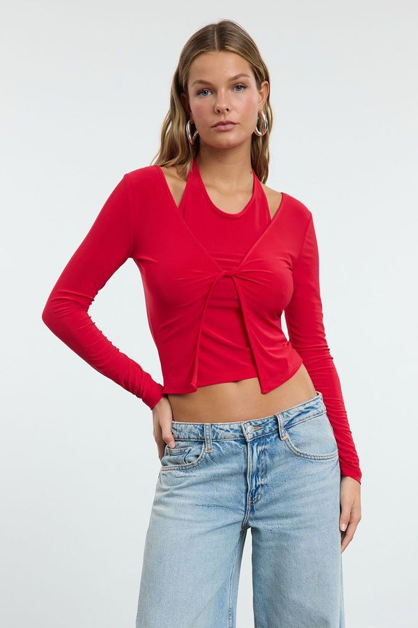 Trendyol Trendyol Red Fitted Flexible Knitted Blouse with Athlete Look Inside