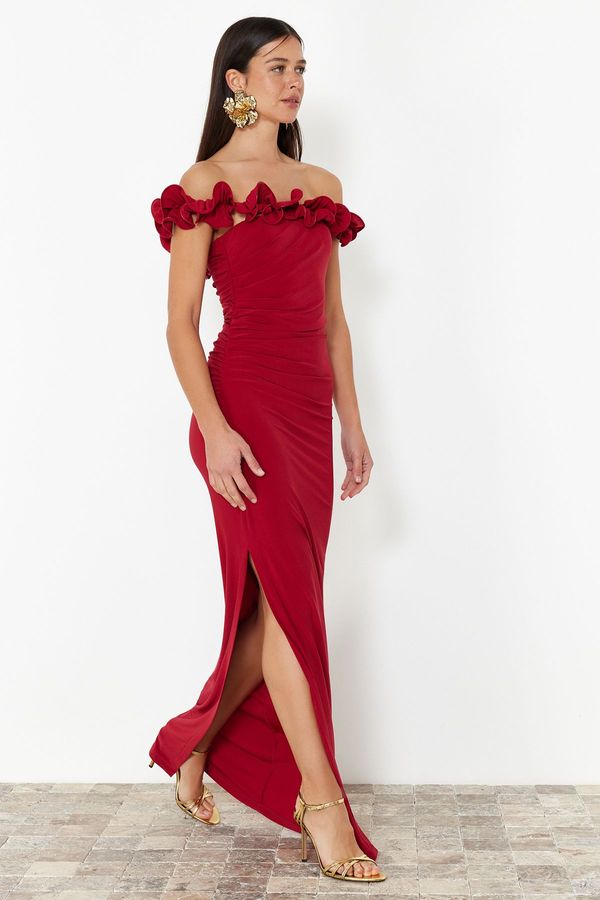 Trendyol Trendyol Red Fitted Knitted Long Evening Dress