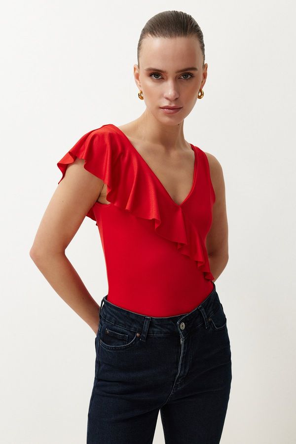 Trendyol Trendyol Red Fitted Ruffle Detailed V-Neck Stretchy Knitted Bodysuit with Snap Fasteners