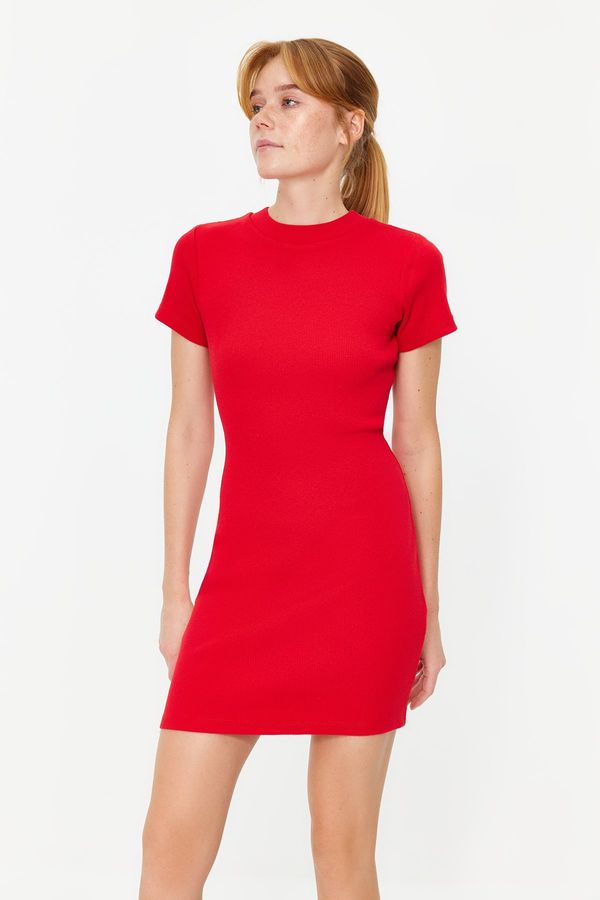 Trendyol Trendyol Red Fitted Short Sleeve Crew Neck Mini Ribbed Stretchy Knitted Dress