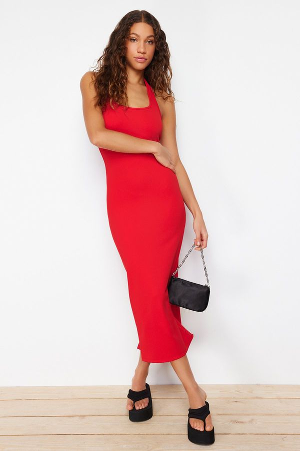 Trendyol Trendyol Red Fitted Square Neck Ribbed Stretchy Knitted Maxi Pencil Dress