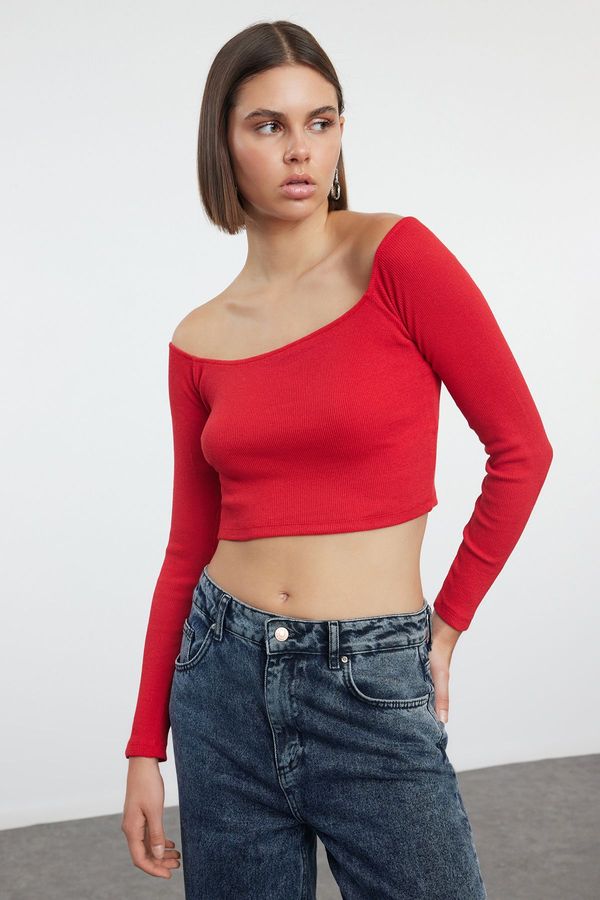 Trendyol Trendyol Red Fitted Super Crop Carmen Collar Ribbed Stretch Knitted Blouse