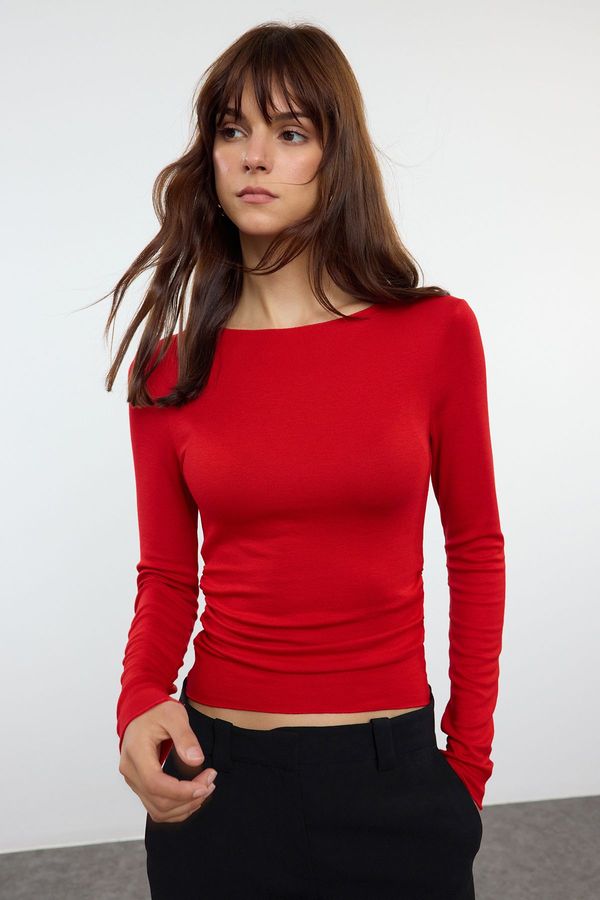 Trendyol Trendyol Red Fitted/Fits the Body Gathered/Drape Detailed Boat Neck Flexible Knitted Blouse