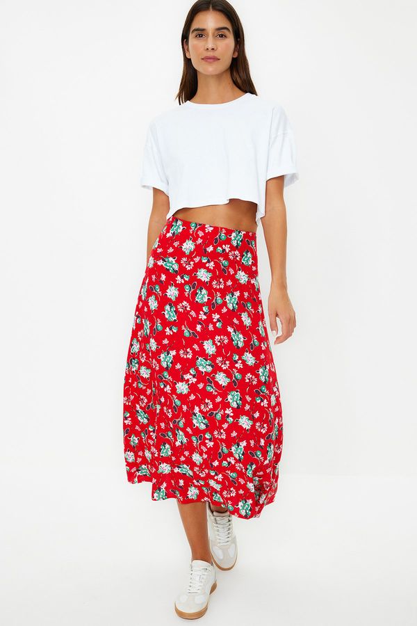 Trendyol Trendyol Red Floral Patterned Viscose Fabric Midi Woven Skirt