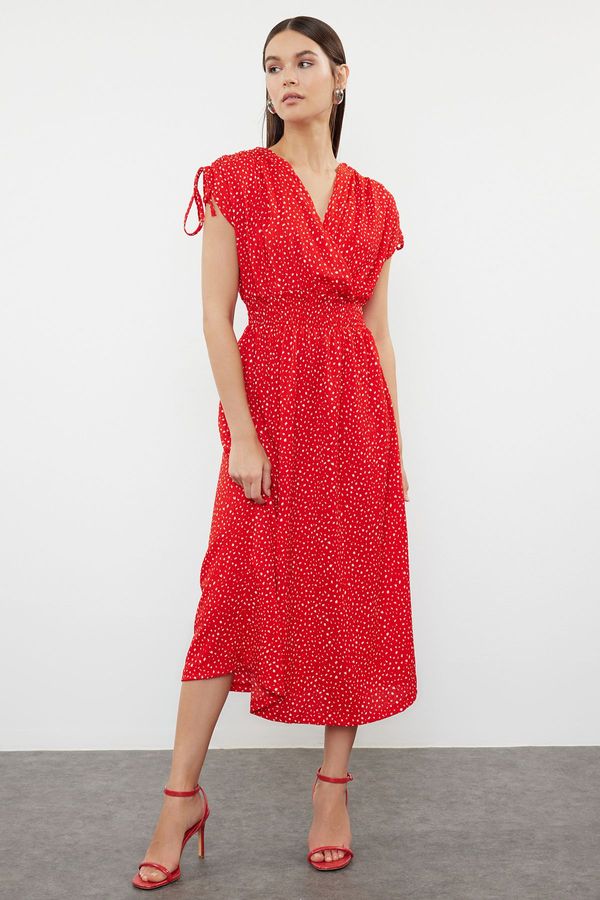 Trendyol Trendyol Red Floral Zero Sleeve Double Breasted Skater/Waist Opening Gathered Flexible Midi Knit Dress