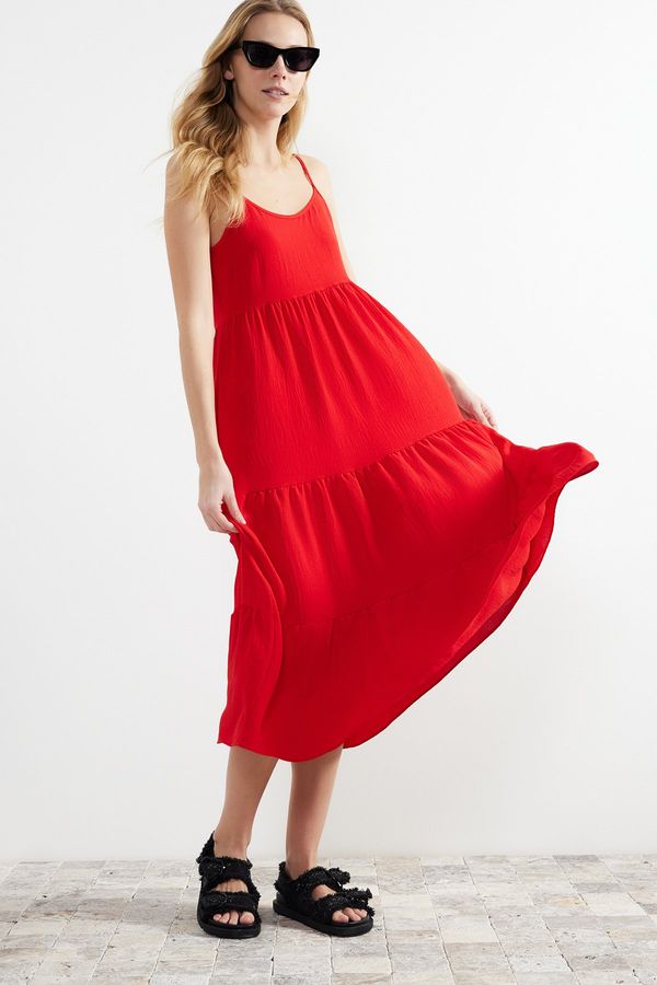 Trendyol Trendyol Red Flounce Relaxed Cut Strap Midi Woven Dress