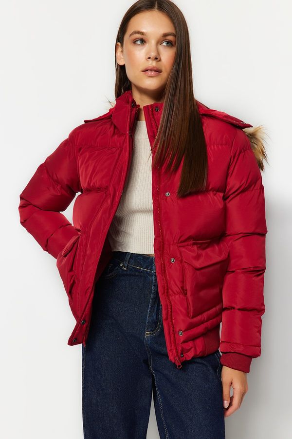 Trendyol Trendyol Red Fur Hooded Water-Repellent Inflatable Coat